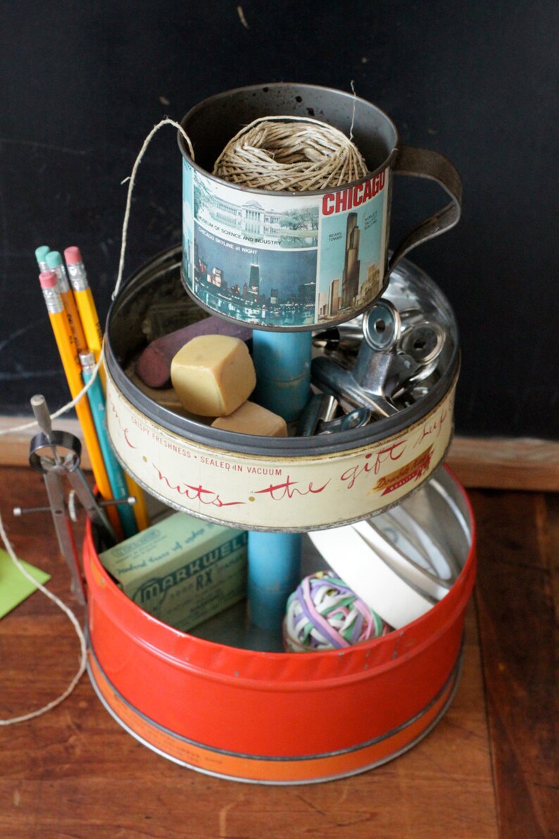 3Tier Desk Organizer Caddy from Vintage Metal Tin Canisters Etsy
