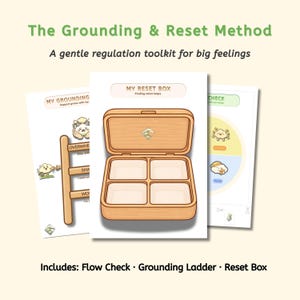 May include: A gentle regulation toolkit for big feelings. The image features a wooden reset box with four compartments, a grounding ladder, and a flow check chart. The text includes "The Grounding & Reset Method" and "Includes: Flow Check, Grounding Ladder, Reset Box."