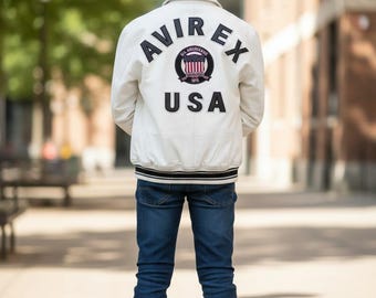 Men’s White Genuine Leather Varsity Jacket – USA Aviator Style