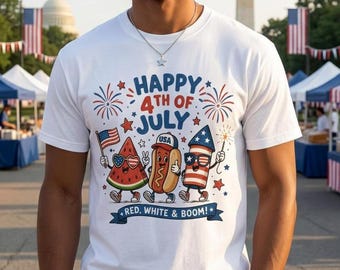 4th of July Shirt, Red White and Boom Shirt, Watermelon Hotdog Firework Top, Patriotic Doodle Tee