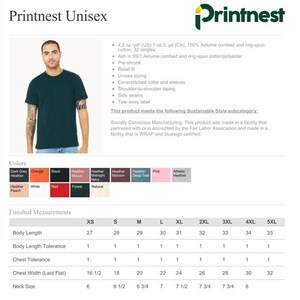 May include: A teal unisex t-shirt from Printnest. The shirt is made of 100% Airlume combed and ring-spun cotton. The image also shows a color chart with options like black, red, and heather colors, along with size measurements.