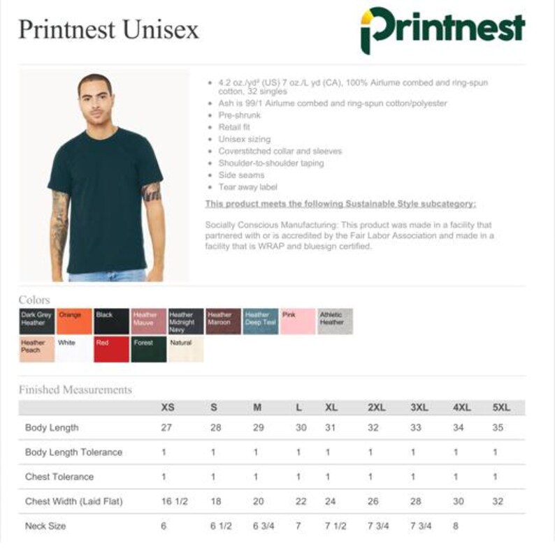 May include: A teal unisex t-shirt from Printnest. The shirt is made of 100% Airlume combed and ring-spun cotton. The image also shows a color chart with options like black, red, and heather colors, along with size measurements.