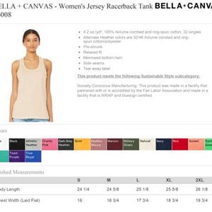 May include: A beige jersey racerback tank top from Bella + Canvas. The image shows the tank top on a model, along with a color chart and size measurements. The tank top is made of 100% airlume combed and ring-spun cotton.