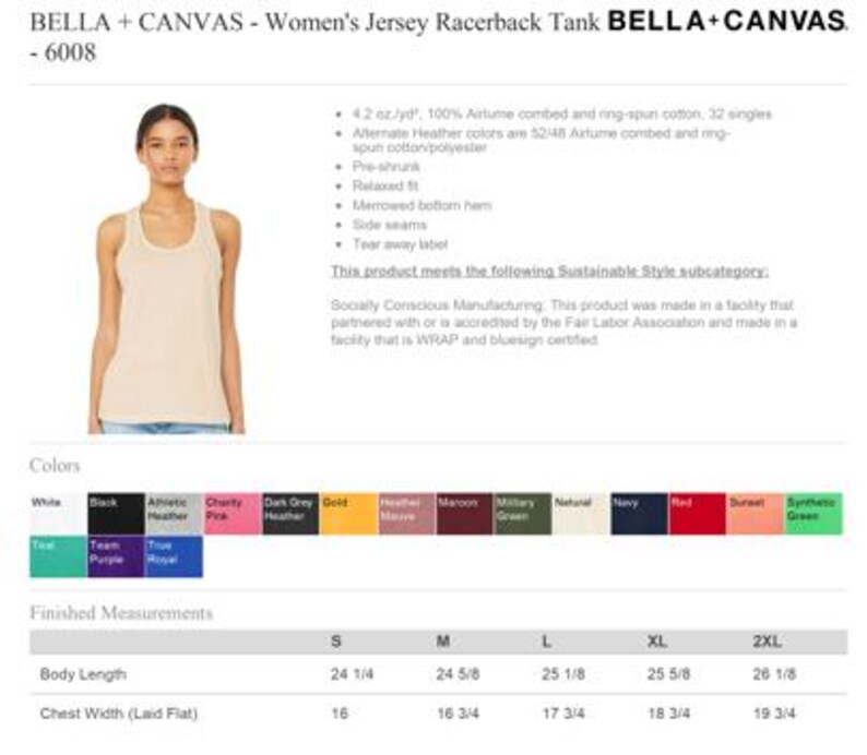 May include: A beige jersey racerback tank top from Bella + Canvas. The image shows the tank top on a model, along with a color chart and size measurements. The tank top is made of 100% airlume combed and ring-spun cotton.