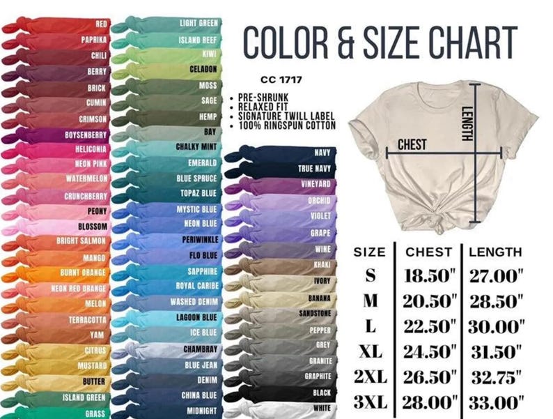 Op de afbeelding: Kleur- en maattabel voor een t-shirt, met een verscheidenheid aan kleuren en maatvoeringen. De tabel bevat een voorbeeld-t-shirt, borst- en lengtematen in inches, en een lijst met kleuren zoals rood, blauw en groen.