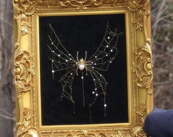 Gothic Butterfly Wing Spider Web Art, Pearl Spider, Victorian Gold Frame