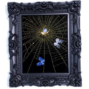 May include: A framed wall art piece featuring a black ornate frame surrounding a black background with a gold spider web. A central spider with a blue stone body sits on the web, accompanied by two small butterfly figures in blue and grey tones.