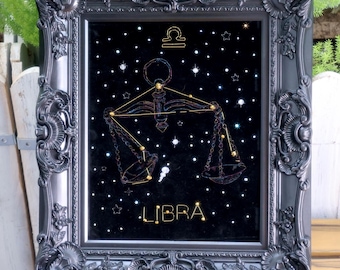 Libra Embroidery  Handmade Embroidered Gift, Libra Gift Zodiac Gift, Hand‑Stitched Libra Constellation on Black Velvet, Embroidery Painting
