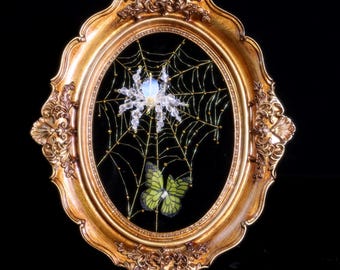 Hand-Embroidered Opal Crystal Spiderweb Wall Art – Gothic Framed Jeweled Hanging