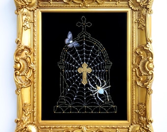 Hand-embroidered wall art — Opal spider, spiderweb embroidery, Gothic gift, framed jeweled cabochon spider tomb art