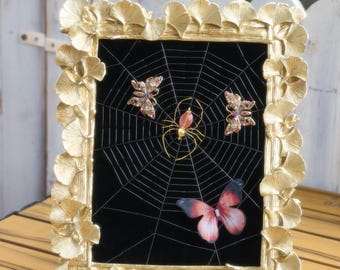 Framed Spider Web Embroidery – Rose Quartz Spider, Gold Thread, Gothic Art