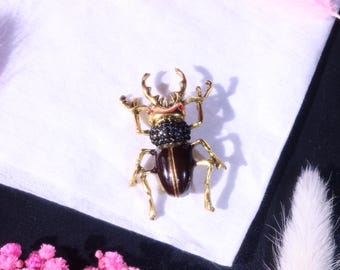 May include: A gold-toned beetle brooch featuring a textured black thorax adorned with small dark crystals, a smooth dark brown abdomen, and prominent mandibles. The insect-shaped pin has articulated legs and small red accents near the head.