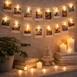 May include: A decorative display with fairy lights and photo clips holding pictures. The scene includes candles, books, and a potted plant, creating a cosy ambiance. The photos depict outdoor scenes. The lights and candles create a warm glow.
