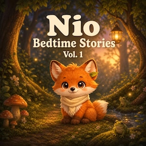 以下が含まれることがあります： 「Nio Bedtime Stories Vol. 1」のイラスト。クリーム色のスカーフをつけたオレンジ色の可愛いキツネが森の小道に座っています。背景にはキノコ、小川、2匹のカエルが描かれています。