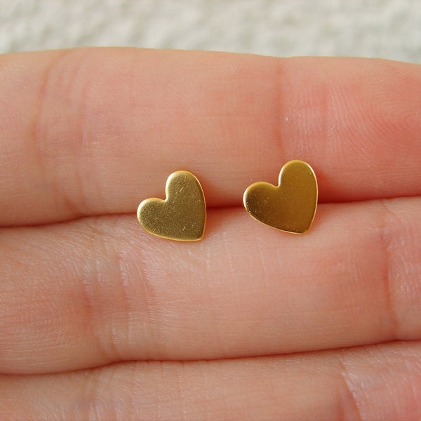 Lovely little hearts gold studs earrings, handmade (gold plated 24K), gold hearts stud earrings