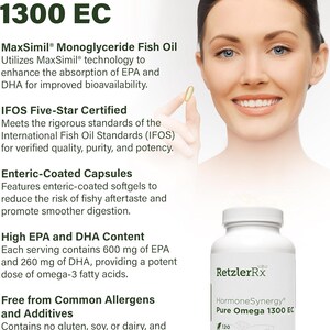 K&ouml;nnte beinhalten: Eine wei&szlig;e Flasche RetzlerRx HormoneSynergy Pure Omega 1300 EC Nahrungserg&auml;nzungsmittel mit 120 Softgels. Das Bild zeigt auch mehrere gelbe Softgels und eine l&auml;chelnde Frau. Der Text auf der Flasche enth&auml;lt "High EPA and DHA Content".