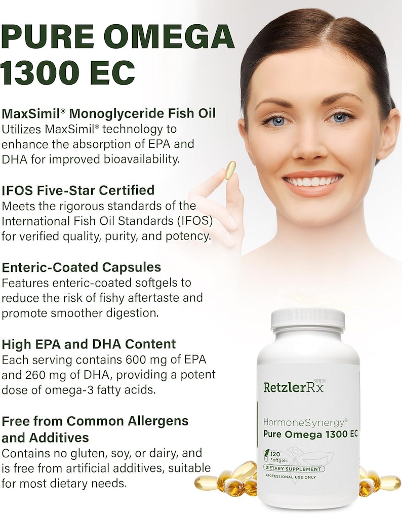 K&ouml;nnte beinhalten: Eine wei&szlig;e Flasche RetzlerRx HormoneSynergy Pure Omega 1300 EC Nahrungserg&auml;nzungsmittel mit 120 Softgels. Das Bild zeigt auch mehrere gelbe Softgels und eine l&auml;chelnde Frau. Der Text auf der Flasche enth&auml;lt "High EPA and DHA Content".