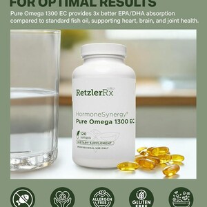 K&ouml;nnte beinhalten: Eine wei&szlig;e Flasche RetzlerRx HormoneSynergy Pure Omega 1300 EC Nahrungserg&auml;nzungsmittel mit 120 Softgels. Das Bild enth&auml;lt ein Glas Wasser und mehrere gelbe Softgels. Der Text auf dem Bild lautet "Triple Absorption Power For Optimal Results."