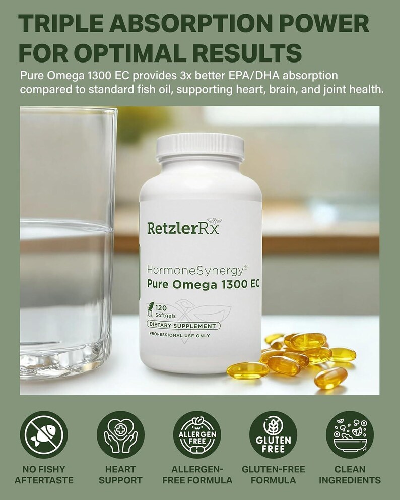 K&ouml;nnte beinhalten: Eine wei&szlig;e Flasche RetzlerRx HormoneSynergy Pure Omega 1300 EC Nahrungserg&auml;nzungsmittel mit 120 Softgels. Das Bild enth&auml;lt ein Glas Wasser und mehrere gelbe Softgels. Der Text auf dem Bild lautet "Triple Absorption Power For Optimal Results."