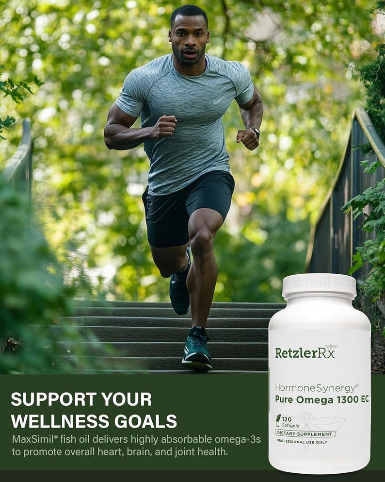 K&ouml;nnte beinhalten: Ein Mann rennt eine Au&szlig;entreppe hinauf, bekleidet mit einem grauen T-Shirt und schwarzen Shorts. Eine wei&szlig;e Flasche des Nahrungserg&auml;nzungsmittels RetzlerRx HormoneSynergy Pure Omega 1300 EC ist im Vordergrund. Text: Unterst&uuml;tzen Sie Ihre Wellness-Ziele.