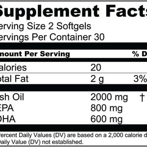 K&ouml;nnte beinhalten: Ein schwarz-wei&szlig;es Supplement Facts-Etikett mit detaillierten N&auml;hrwertangaben eines Nahrungserg&auml;nzungsmittels. Das Etikett listet Portionsgr&ouml;&szlig;e, Kalorien, Gesamtfett, Fisch&ouml;l, EPA und DHA-Gehalt auf. Der Text enth&auml;lt Prozents&auml;tze und Milligramm.
