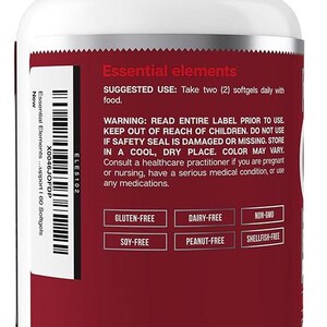 K&ouml;nnte beinhalten: Eine wei&szlig;e Erg&auml;nzungsflasche mit rotem Etikett. Das Etikett enth&auml;lt den Text "Essential elements" sowie Informationen zu Anwendung und Warnhinweisen. Die Flasche ist als glutenfrei, milchfrei, gentechnikfrei, sojafrei, erdnussfrei und schalenfr&uuml;chtefrei gekennzeichnet.