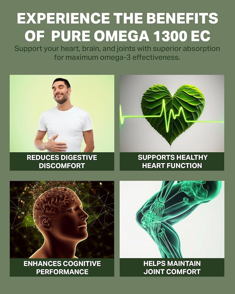 K&ouml;nnte beinhalten: Werbung f&uuml;r Pure Omega 1300 EC. Das Bild zeigt einen Mann, ein herzf&ouml;rmiges Blatt mit einer Herzschlagschnur, ein Gehirn und ein Kniegelenk. Der Text lautet: "Reduziert Verdauungsbeschwerden", "Unterst&uuml;tzt die gesunde Herzfunktion", "Verbessert die kognitive Leistung" und "Hilft, den Gelenkkomfort aufrechtzuerhalten".