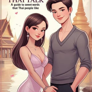 Pode incluir: Ilustração de um casal de mãos dadas, com um templo tailandês ao fundo. A imagem apresenta o texto "SWEET THAI TALK" e "A guide to sweet words that Thai people like". A mulher usa um vestido rosa e o homem um suéter cinza.