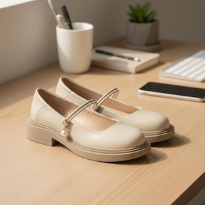 Puede incluir: Un par de zapatos Mary Jane beige con una correa y un pequeño dije de perla. Los zapatos tienen una punta redondeada y una suela gruesa de color marrón claro. Los zapatos están sobre una superficie de madera marrón claro.