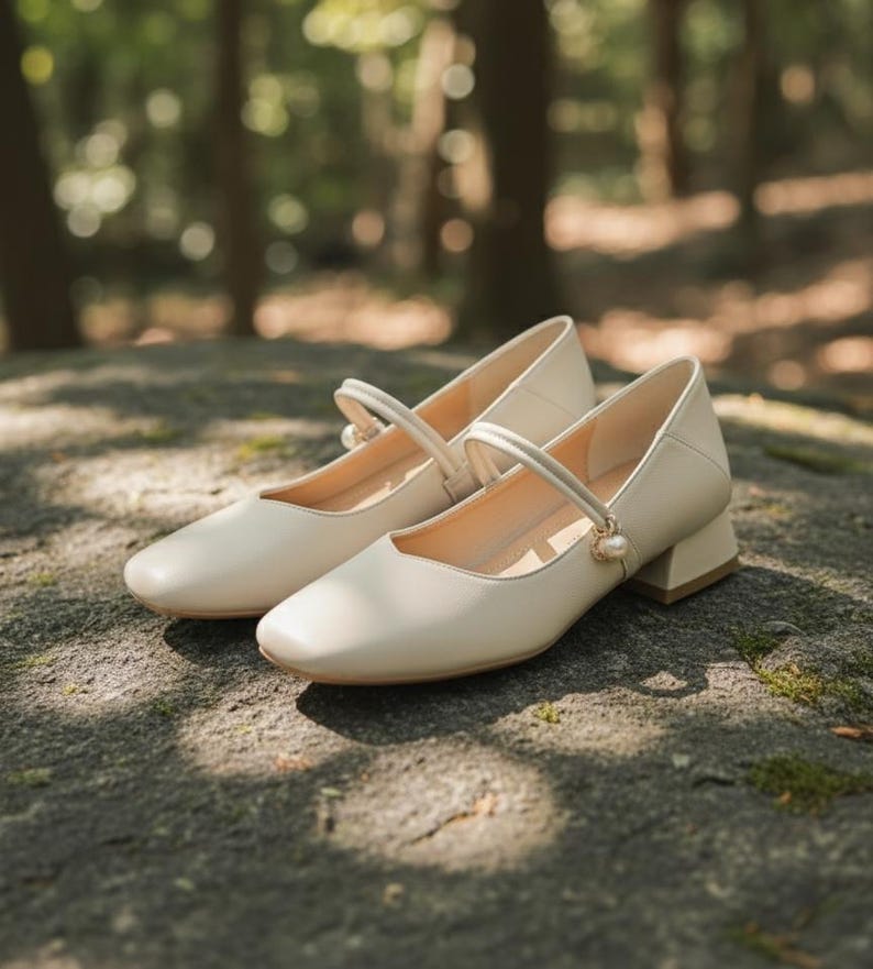 May include: Cream-coloured Mary Jane shoes with a square toe and a small block heel. The shoes feature a strap with a pearl accent. The shoes are displayed on a stone surface. The heels are approximately 4 cm high.