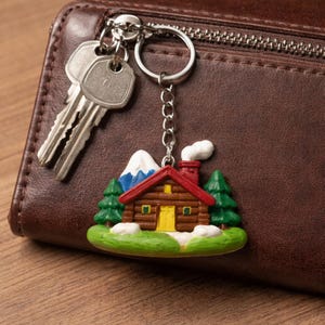 May include: A cabin-shaped keychain with a red roof, brown walls, and a yellow door. The keychain features a mountain with blue and white accents, green trees, and a white smoke plume. The keychain is attached to a silver keyring with two keys.