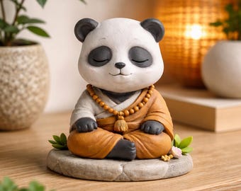 Figurine de moine panda endormi paisible | Sculpture de bureau imprimée en 3D peinte à la main | Cadeau déco animalier zen pour bureau