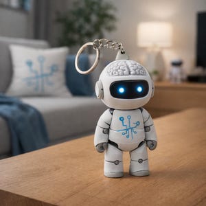 Op de afbeelding: Een witte robot sleutelhanger met een hersenvormig hoofd en blauw oplichtende ogen. De robot heeft een printplaat ontwerp op zijn borst en staat op een houten oppervlak. Een zilveren sleutelring is bevestigd aan de bovenkant van de robot.