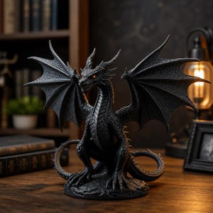May include: A black dragon figurine with outstretched wings and detailed scales. The dragon has orange eyes and is perched on a small base. The figurine is made of a dark material and is displayed on a wooden surface.