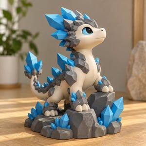 Può includere: Una statuetta di piccolo drago con pelle color crema, caratterizzata da scaglie grigie irregolari simili a rocce e punte cristalline blu brillante lungo la schiena, la coda e gli arti. La creatura poggia su una base rocciosa con cristalli blu.