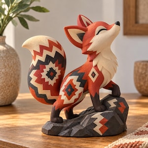 Pode incluir: Uma estatueta de raposa com aspeto esculpido e texturado, apresentando um padrão geométrico em laranja vibrante, creme e preto no pelo. A raposa está sobre uma base de rocha escura facetada com a cabeça inclinada e olhos fechados.