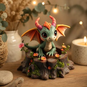 Peut inclure: Une petite figurine de dragon vert avec de grands yeux sombres, des cornes et des ailes orange, perchée sur une base en forme de souche d'arbre brune. La base est ornée de mousse verte et de petites fleurs roses et orange, créant une scène boisée.