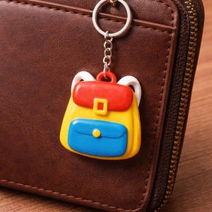 Può includere: Un portachiavi a forma di zaino colorato con dettagli rossi, gialli e blu è appeso a un anello d'argento attaccato a un portafoglio in pelle marrone. Il portafoglio ha una chiusura a cerniera.