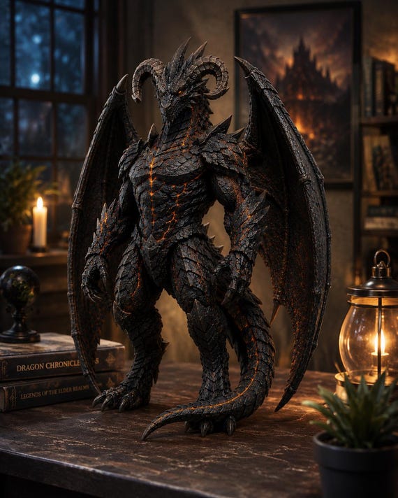 Inferno Dragon Lord Statue, Fantasy Figurine, Gothic Collectible, RPG Gift, Desk Display