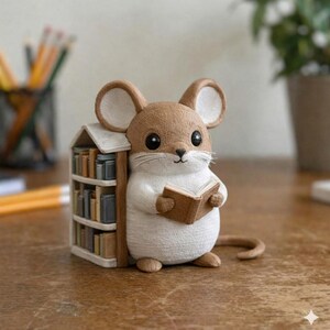 Nyckfull biblioteksmusfigur - detaljerad 3D-tryckt och handmålad skrivbordsdekor, unikt samlarobjekt för bokhörna