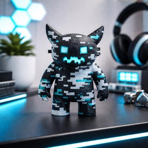 May include: A pixelated cat-like figurine with a black, white, and teal camouflage pattern. The figurine has glowing blue eyes and a mouth. The ears are pointed, and the figure is standing upright. The overall theme is tech and gaming.