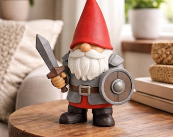 Garden Gnome Warrior Desktop Figurine, Hand Painted 3D Print Sculpture, Unique Fantasy Decor Gift