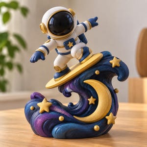 Könnte beinhalten: Eine Astronautenfigur in einem weiß-blauen Anzug, die auf einem gelben Brett auf einer wirbelnden, dunkelblau-violetten kosmischen Wellenbasis surft. Die Basis zeigt einen großen gelben Halbmond und mehrere kleine gelbe Sterne.