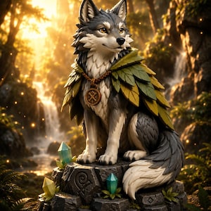 Puede incluir: Una figura de lobo gris y blanco sentada sobre un pedestal de piedra. El lobo lleva una capa hecha de hojas verdes y amarillas y un colgante marrón con un símbolo. Dos cristales azul claro están incrustados en la base de piedra con grabados.