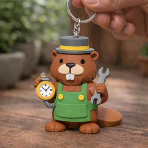 Peut inclure: Un porte-clés en forme de castor brun, vêtu d'un tablier vert et d'un chapeau gris avec une bande jaune. Le castor tient une clé et une montre de poche jaune. Le porte-clés est attaché à un anneau argenté.