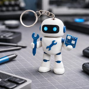 Può includere: Un portachiavi a forma di robot bianco con dettagli blu, che tiene una chiave inglese blu e una scheda di circuito. Il robot ha occhi blu luminosi e un portachiavi argentato. Il design del robot include un simbolo di chiave inglese sul petto.