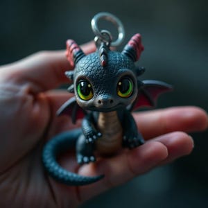 May include: A black dragon keyring with red horns and green eyes. The dragon has small wings and a long tail. The keyring is made of a textured material and has a silver ring.