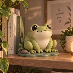 Puede incluir: Una figura de rana de color verde claro con grandes ojos oscuros y mejillas rosadas, sentada sobre una base verde texturizada con pequeñas piedras grises. La rana tiene un cuerpo liso y redondeado y una sonrisa suave, frente a varios libros.