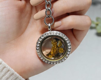 Sericho Pallasite Meteorite Keychain (Kenya) — 18mm Space Rock Inlay, Crystal Halo Keyring, Gift for Space Lovers