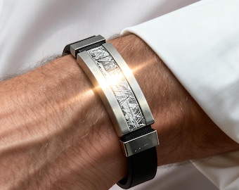 Eisen-Meteoriten-Armband - 30 × 12 mm geätztes Inlay | Widmanstätten Muster — COA & Geschenkschachtel